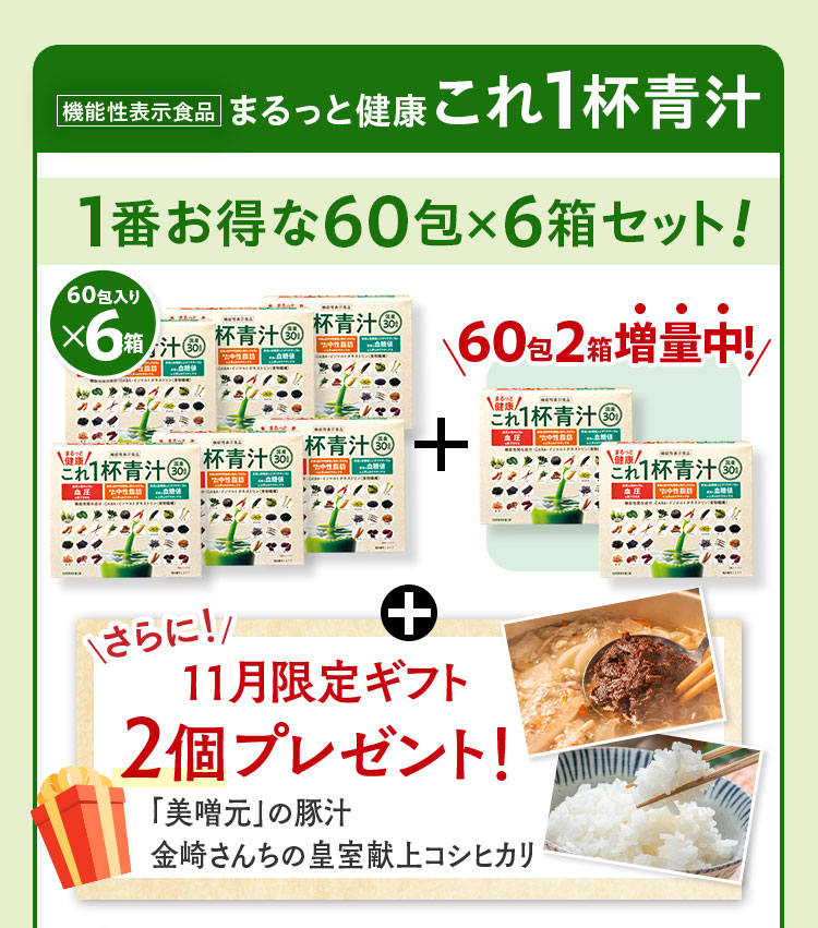 機能性表示食品まるっと健康これ1杯青汁1番お得な60包×6箱セット 60包入りx6箱+60包2箱増量中！ さらに11月限定ギフト2個プレゼント！