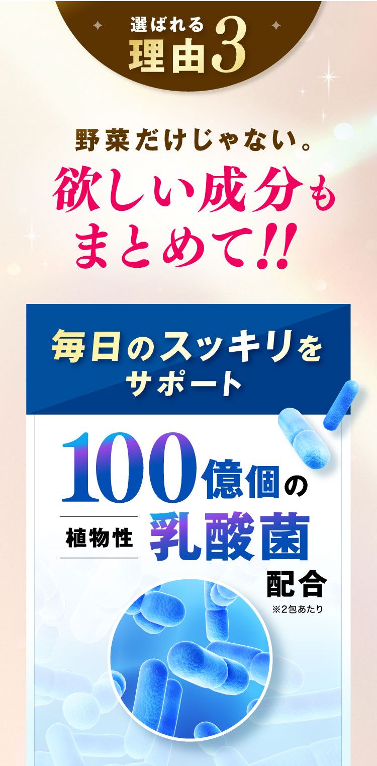 選ばれる理由3 野菜だけじゃない。欲しい成分もまとめて!!毎日のスッキリをサポート 100億個の植物性乳酸菌を配合