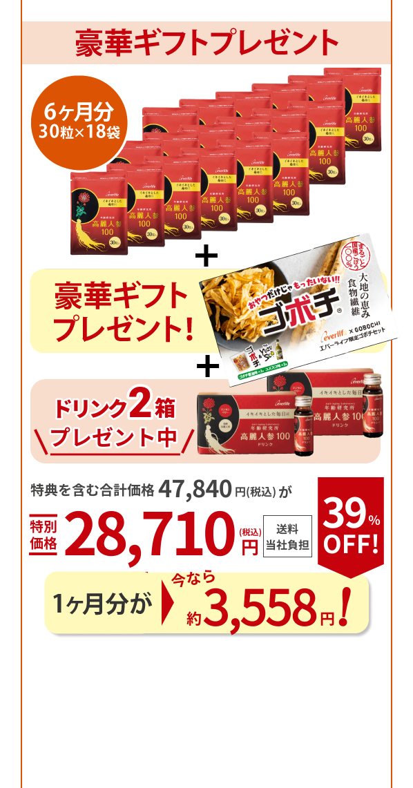 いつもより180粒も増量！ 30粒入り ×18点 90粒増量中！ ドリンク2箱プレゼント中 特典を含む合計価格47,840円（税込）が特別価格28,710円（税込） 送料当社負担 1点あたり今なら 約3,558円！ 39％OFF！ （通常5,980円（税込））