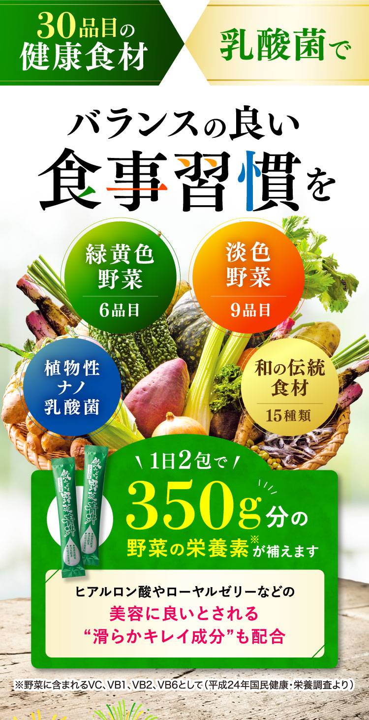 1日2包で350g分の野菜の栄養素が補えます。ヒアルロン酸などの美容に良いとされる成分も配合