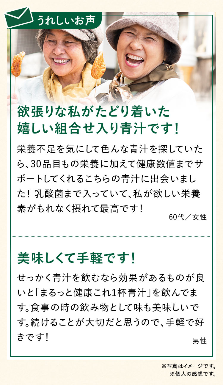 うれしいお声欲張りな私がたどり着いた嬉しい組合せ入り青汁です！栄養不足を気にして色んな青汁を探していたら、30品目もの栄養に加えて健康数値までサポートしてくれるこちらの青汁に出会いました！ 乳酸菌まで入っていて、私が欲しい栄養素がもれなく摂れて最高です！60代／女性
                                      美味しくて手軽です！せっかく青汁を飲むなら効果があるものが良いと「まるっと健康これ1杯青汁」を飲んでます。食事の時の飲み物として味も美味しいです。続けることが大切だと思うので、手軽で好きです！