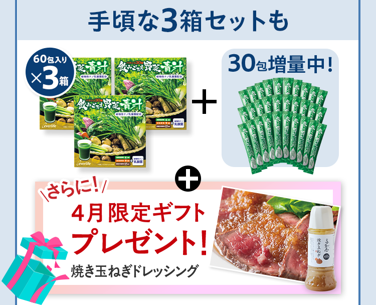 手頃な3箱セットも 60包入りx3箱+30包増量中！+さらに4月限定ギフトプレゼント！焼き玉ねぎドレッシング