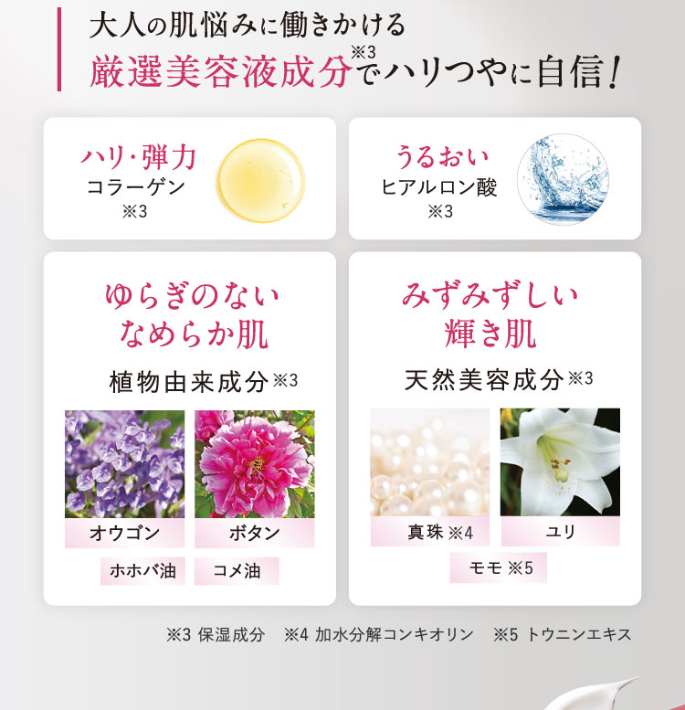 大人の肌悩みに働きかける厳選美容液成分でハリつやに自信! ハリ・弾力 うるおい ゆらぎのないなめらか肌 みずみずしい輝き肌