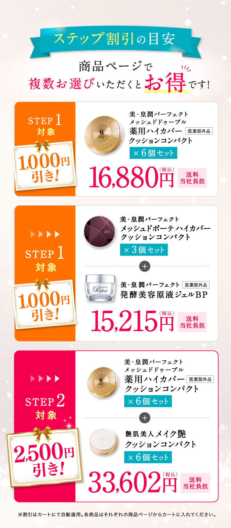 ステップ割引の目安 商品ページで複数お選びいただくとお得です！