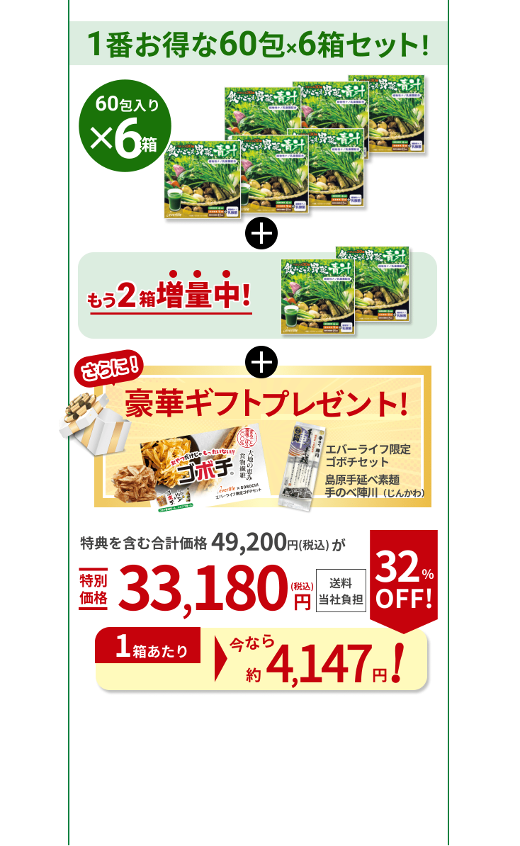 1番お得な60包×6箱セット! 60包入り×6箱 もう2箱増量中！ さらに！ギフト２個プレゼント! エバーライフ限定ゴボチセット 島原手延べ素麺手のべ陣川（じんかわ） 特典を含む合計価格49,200円(税込)が特別価格33,180円(税込) 送料当社負担 1箱あたり今なら約4,147円! 32%OFF!（通常6,150円（税込））
