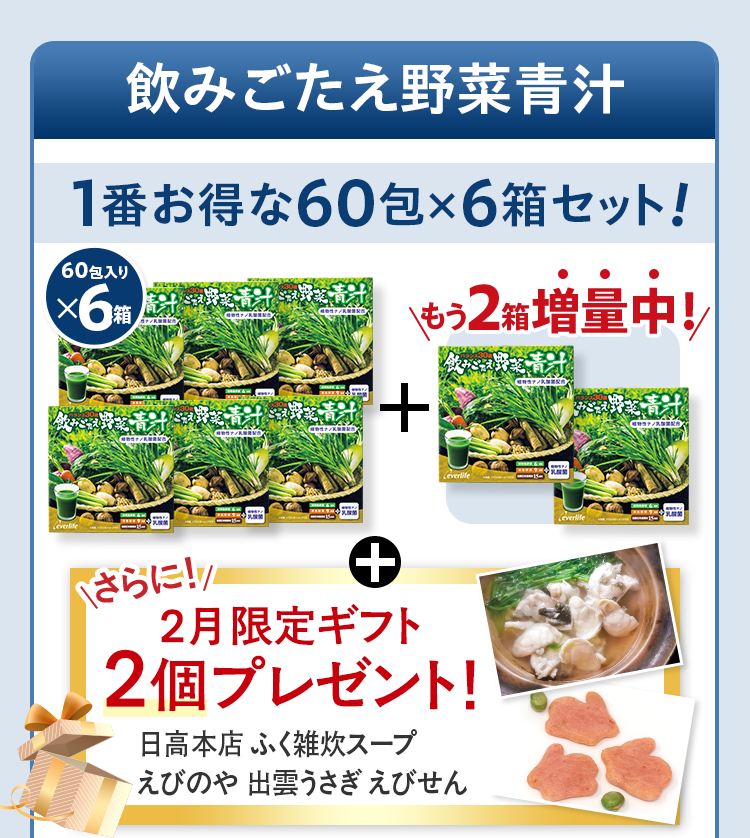 飲みごたえ野菜青汁 1番お得な60包×6箱セット 60包入りx6箱+もう2箱増量中！さらに2月限定ギフト2個プレゼント！ 日高本店 ふく雑炊スープえびのや 出雲うさぎ えびせん