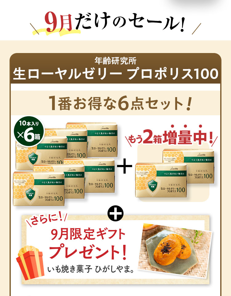 9月だけのセール! 年齢研究所生ローヤルゼリー プロポリス100 1番お得な6点セット