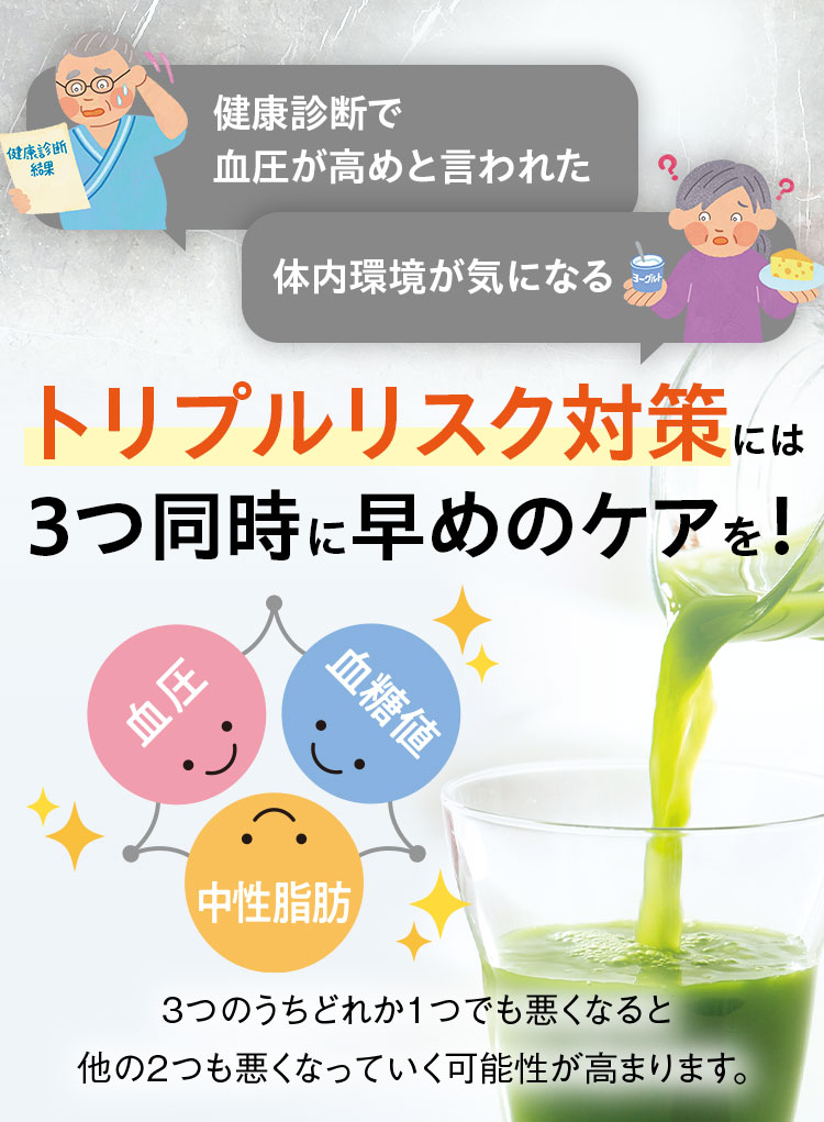 健康診断で血圧が高めと言われた体内環境が気になるトリプルリスク対策には3つ同時に早めのケアを!