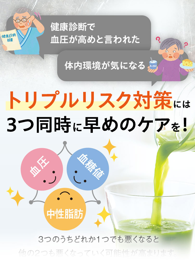 健康診断で血圧が高めと言われた体内環境が気になるトリプルリスク対策には3つ同時に早めのケアを！
