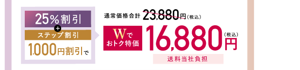 25%割引+ステップ割引1,000円割引で、Wでおトク特価16,880円送料当社負担