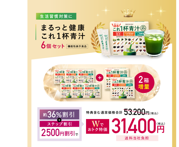 生活習慣対策に まるっと健康これ1杯青汁6個セット 2箱増量 約36%割引 ステップ割引2,500円割引で、Wでおトク特価31,400円送料当社負担