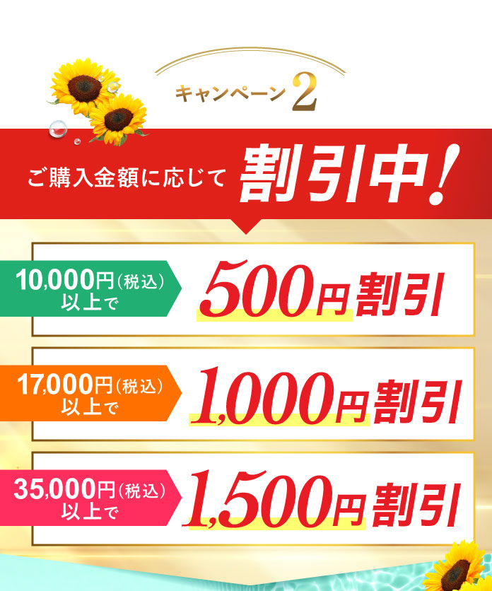 【キャンペーン2】ご購入金額に応じて割引中!「10,000円(税込)以上で500円割引」「17,000円(税込)以上で1,000円割引」「35,000円(税込)以上で1,500円割引」