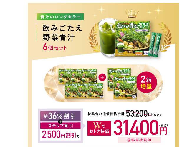 青汁のロングセラー 飲みごたえ野菜青汁6個セット 2箱増量 約36%割引 ステップ割引2,500円割引で、Wでおトク特価31,400円送料当社負担